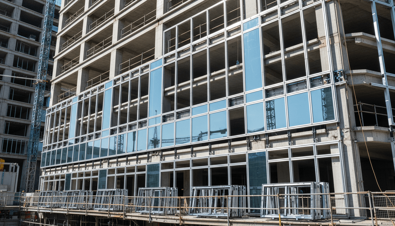 Installation de mur rideau aluminium sur façade commerciale