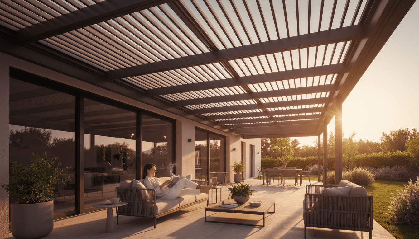 Pergola bioclimatique en aluminium créant ombre et confort