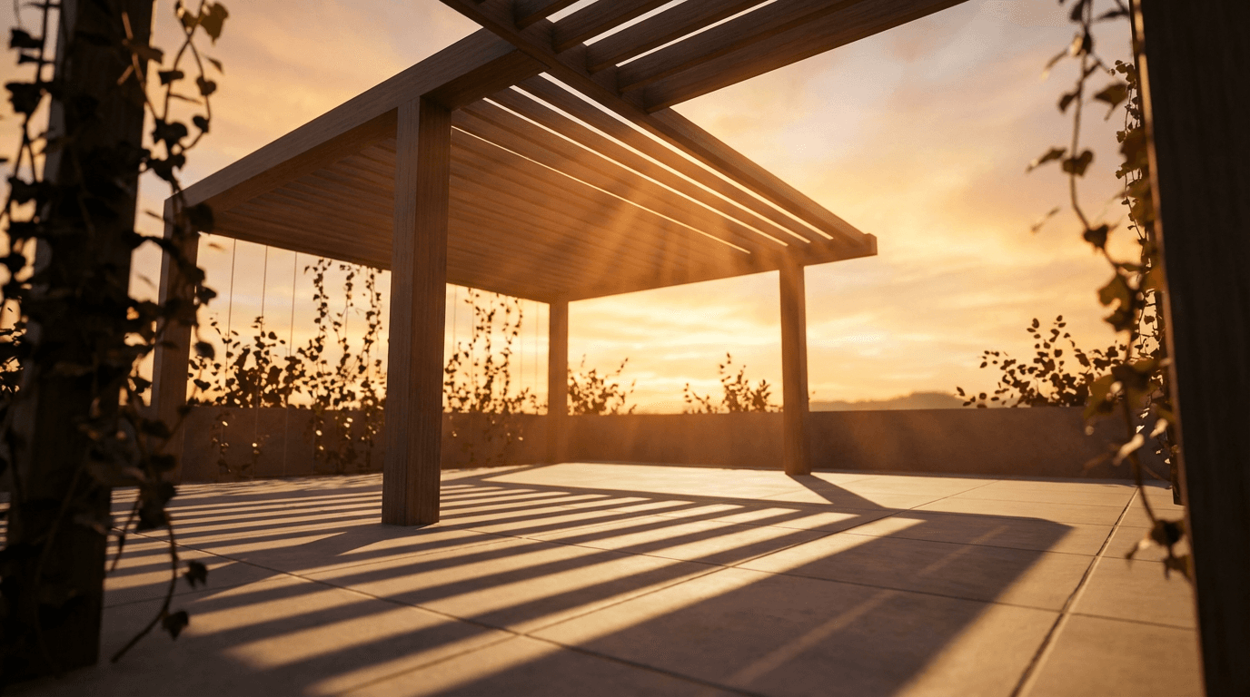 Warm golden-hour lifestyle photograph of a modern bioclimatic pergola installed over a residential terrace or patio space.