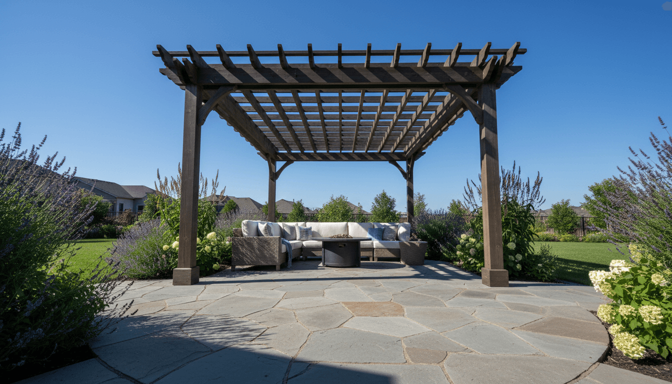 Pergola bioclimatique motorisée dans espace résidentiel avec commande automatisée