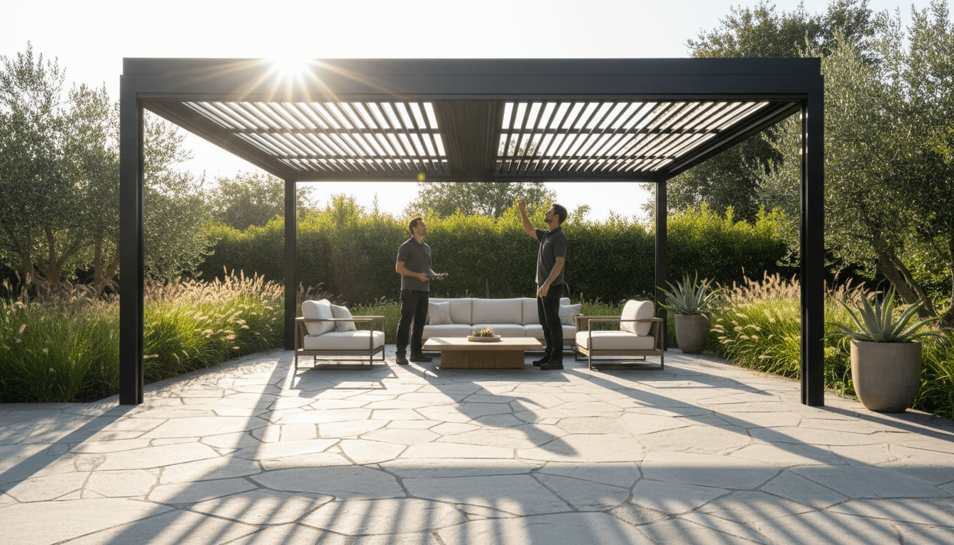 Pergola aluminium bioclimatique motorisée dans un espace résidentiel à Casablanca