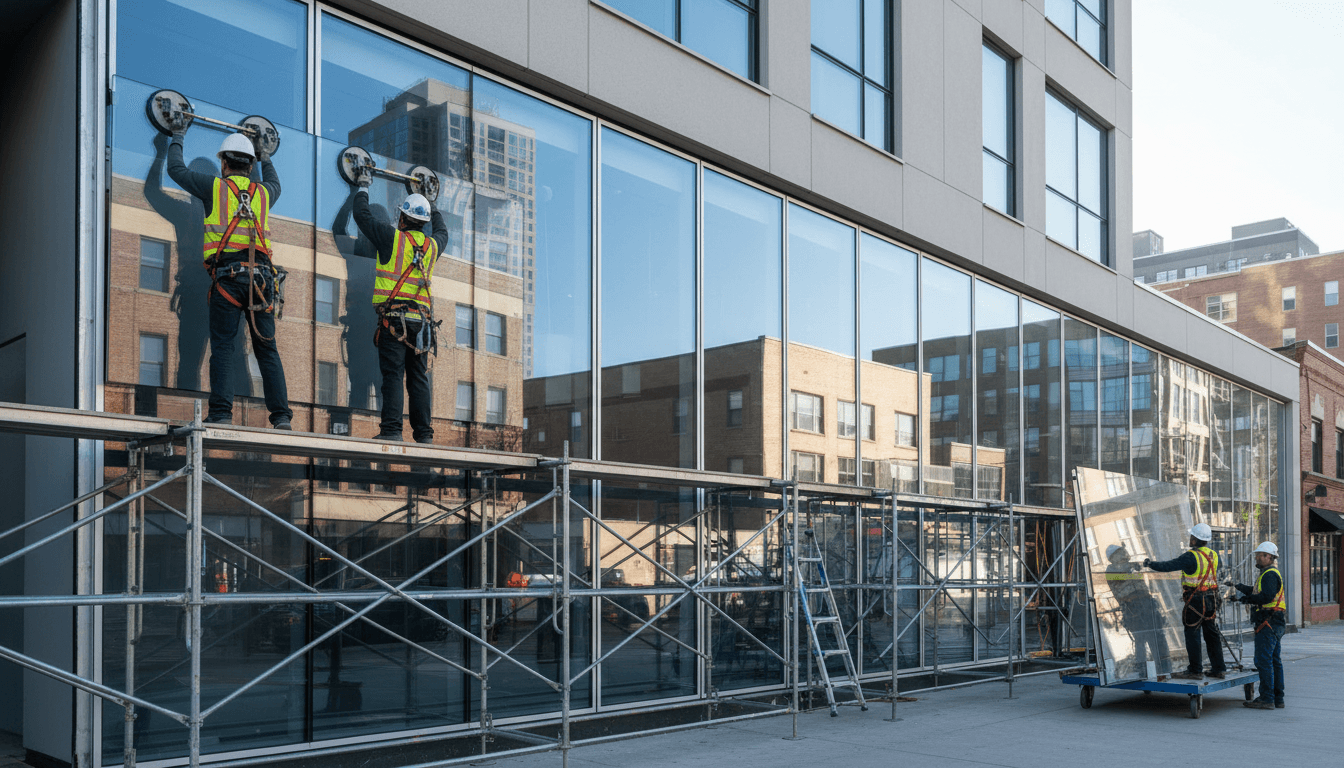 Équipe BATI FACADE en train d'installer une façade aluminium moderne sur un bâtiment commercial à Casablanca