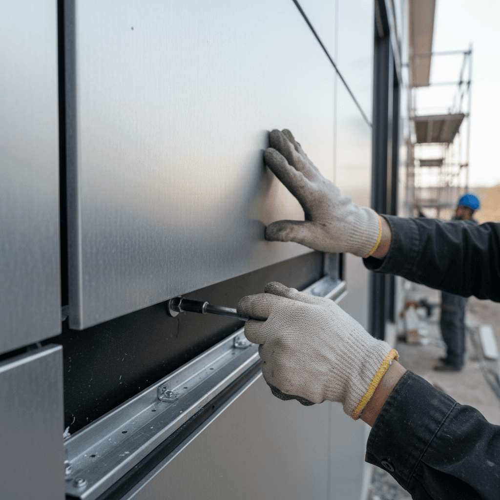 Craftsperson's hands installing composite aluminum panel onto building façade with precision tools and natural daylight