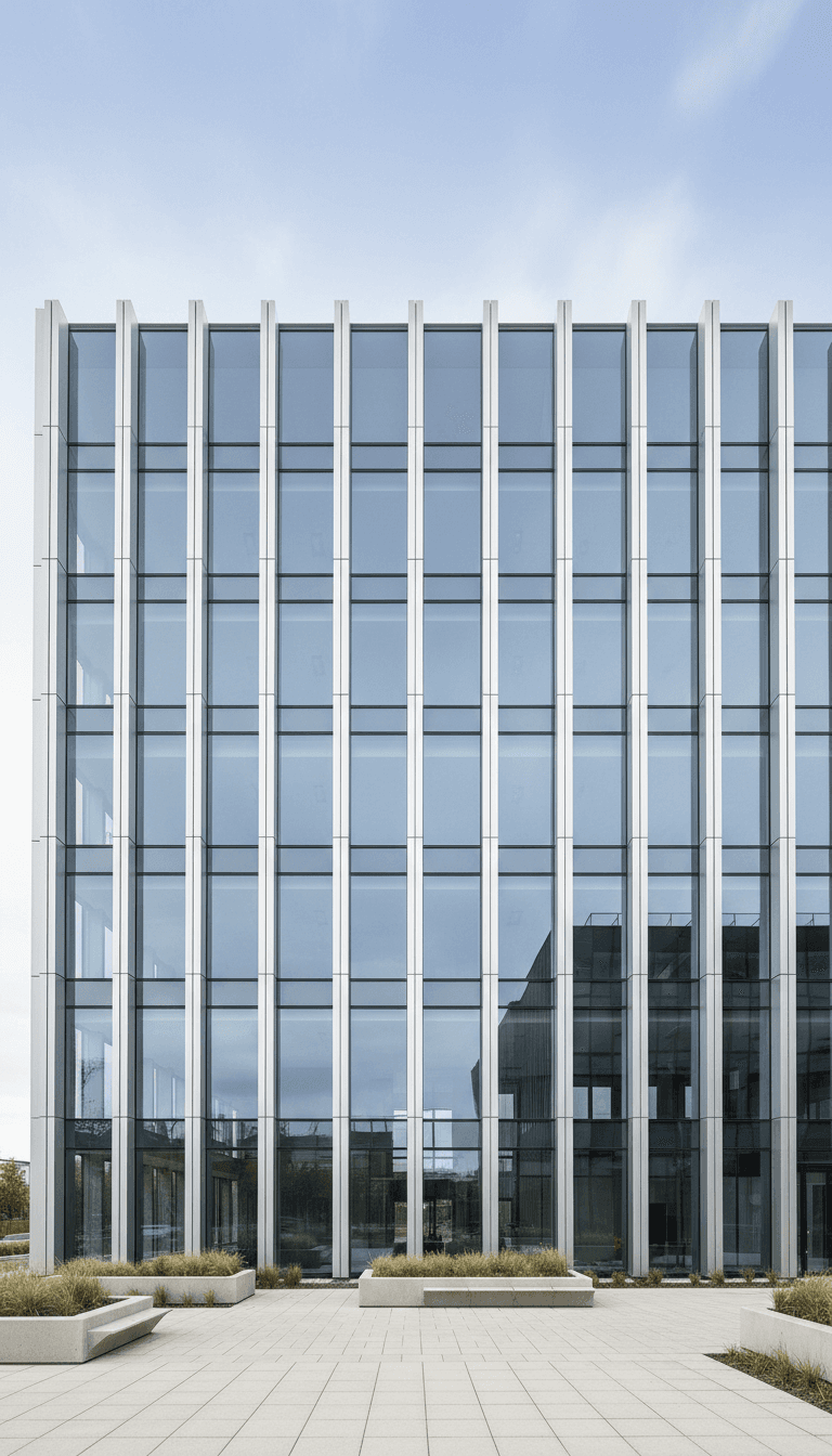 Modern commercial building with glass and aluminum curtain wall façade extending upward against sky